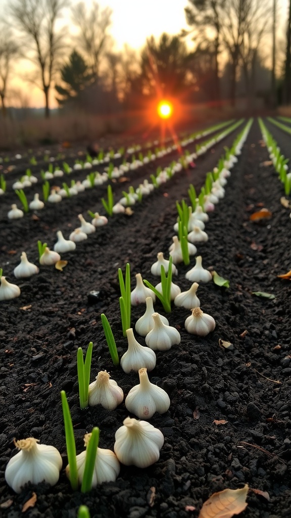 Freshly planted garlic bulbs in a neat garden with emerging green shoots.